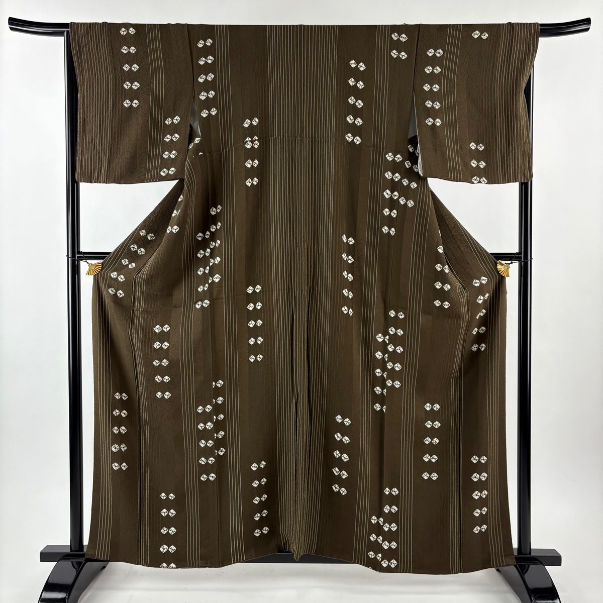 小紋 身丈160.5 cm 裄丈67 M 袷 縞 幾何学模様 茶緑色 正絹 秀品