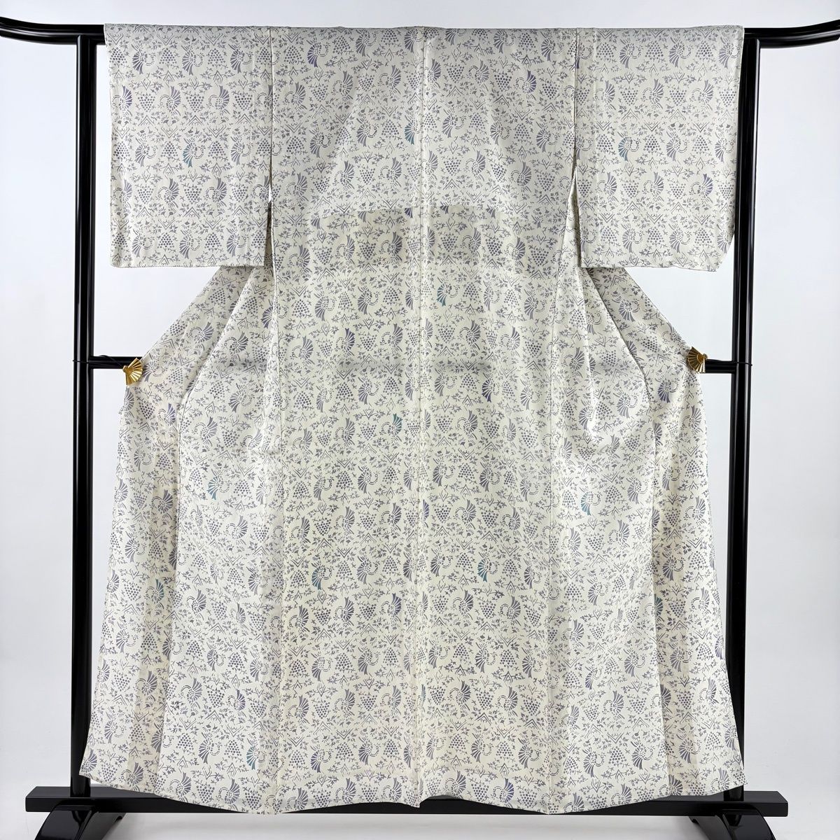 小紋 身丈158.5 cm 裄丈63.5 S 薄物 葉と実 幾何学 灰白 正絹 秀品