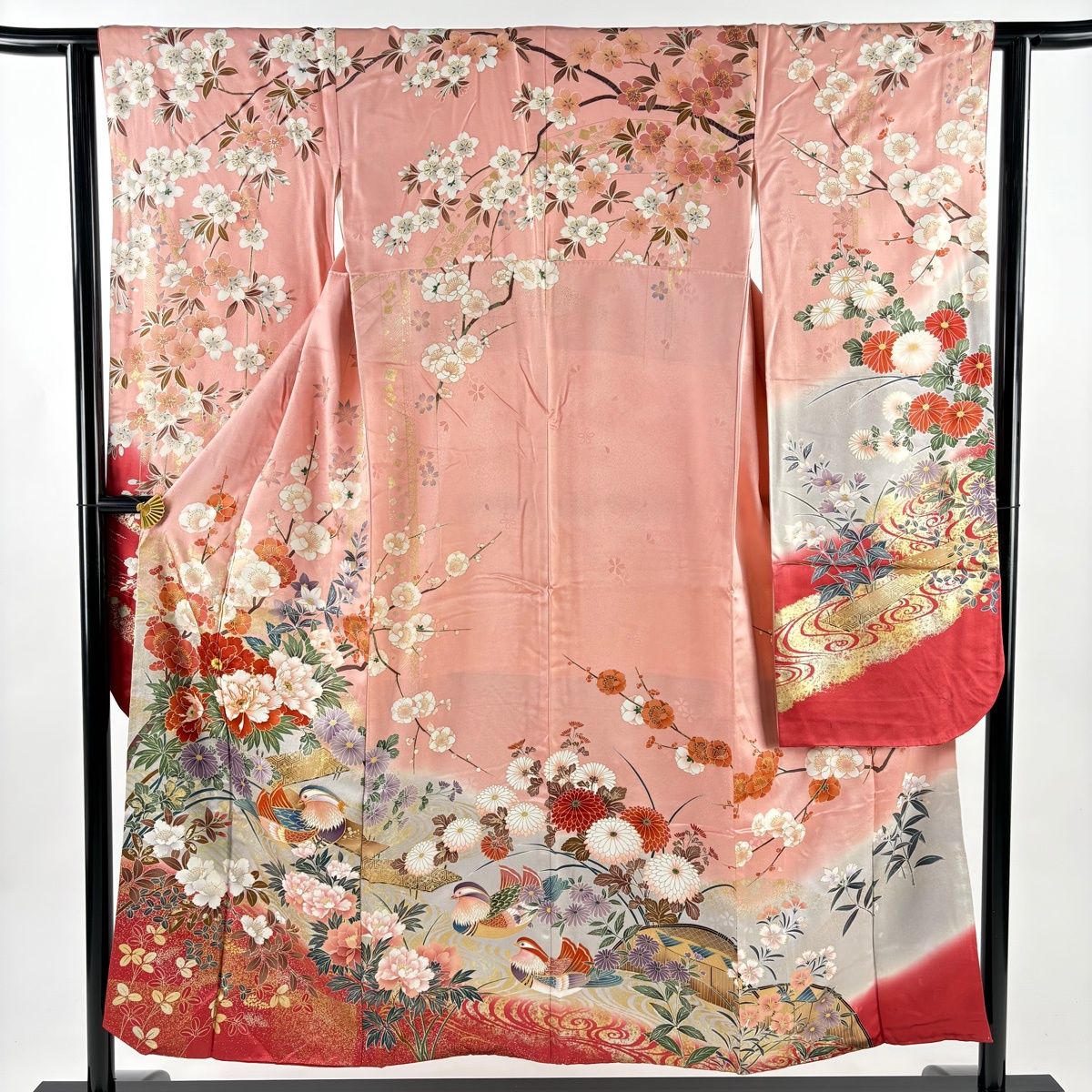 振袖 身丈150.5 cm 裄丈62 S 袷 牡丹 鴛鴦 金糸 金彩 ピンク 正絹 秀品