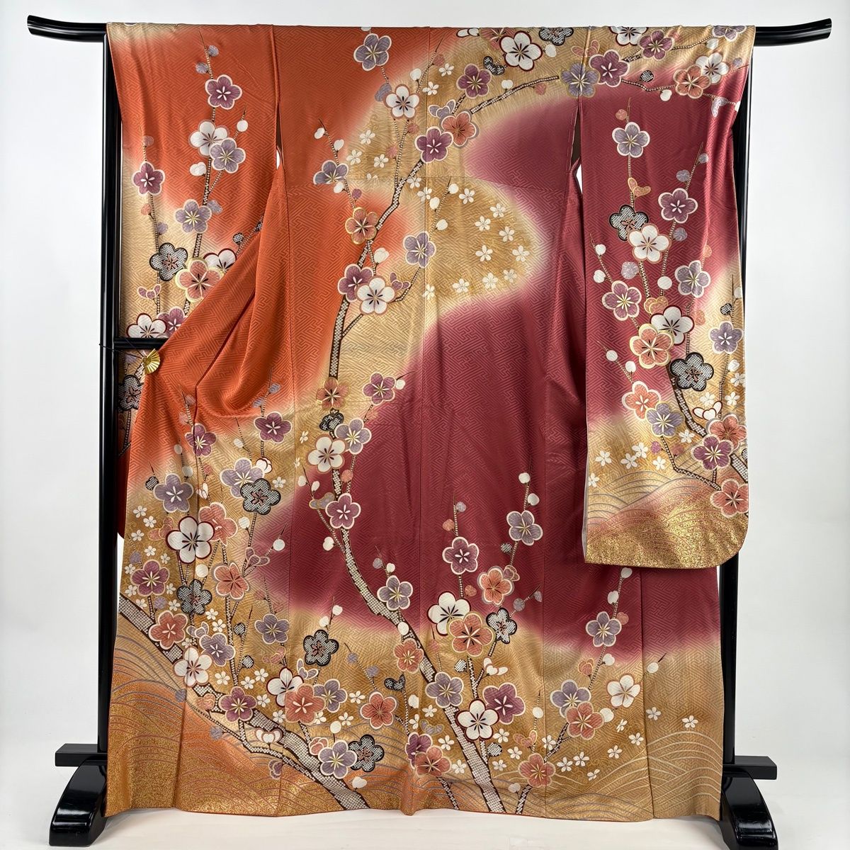 振袖 身丈168 5 cm 裄丈66 M 袷 梅 波 金彩 ぼかし 薄茶色 正絹 秀品