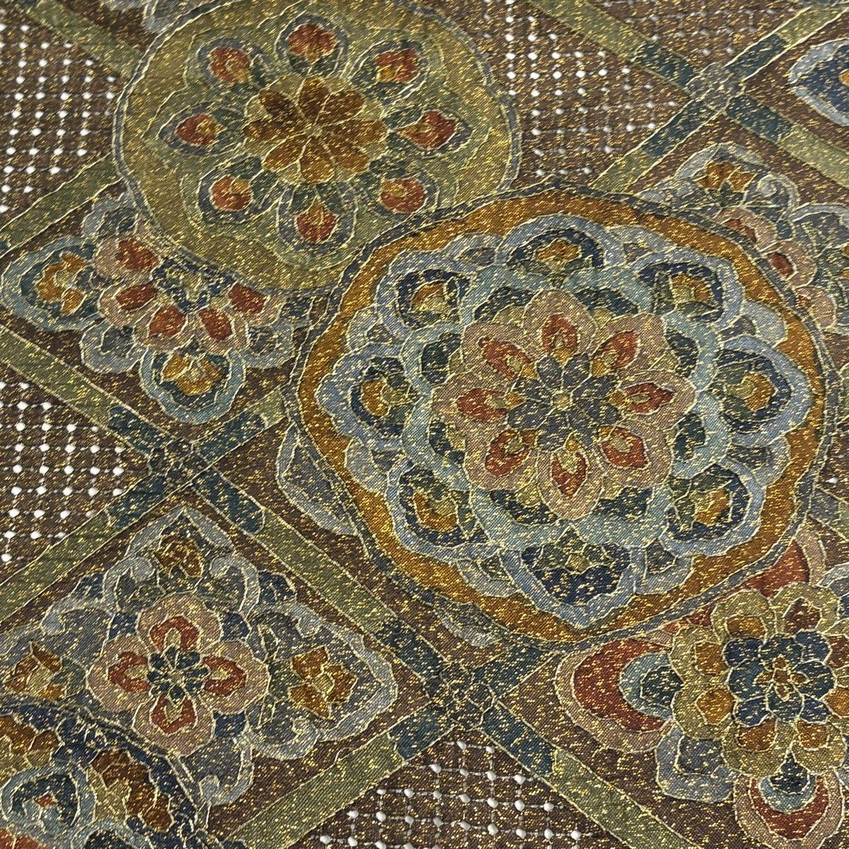 反物 帯反物 フォーマル 華文 菱天井 刺繍 金糸 茶緑色 正絹