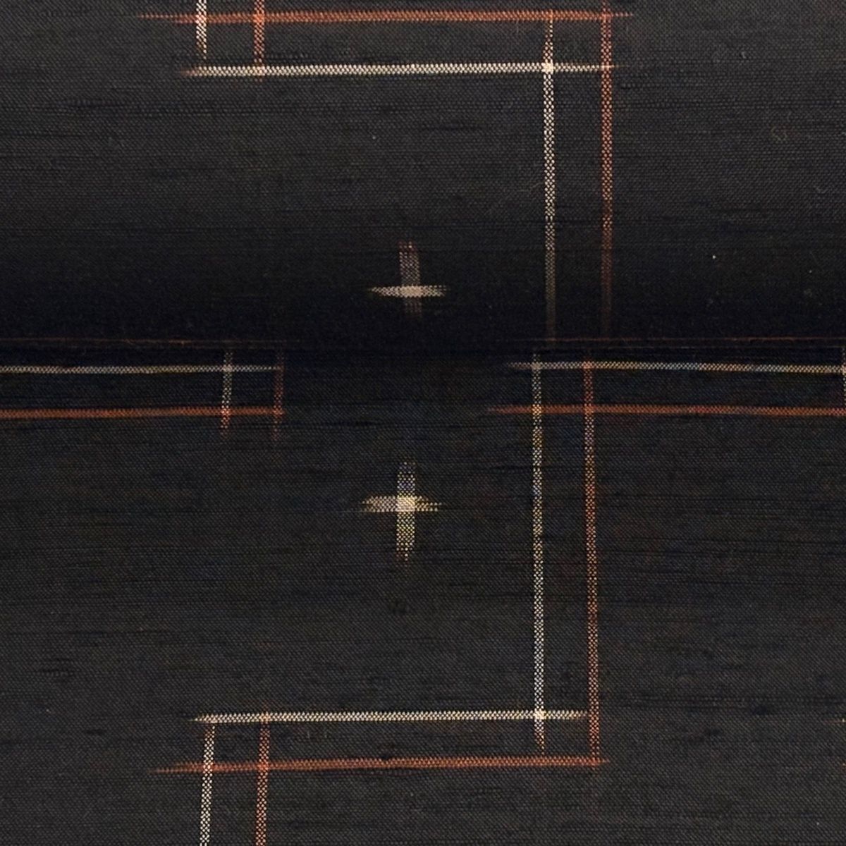 反物 逸品 紬 置賜紬 証紙 十字絣 幾何学模様 焦茶色 正絹 【中古