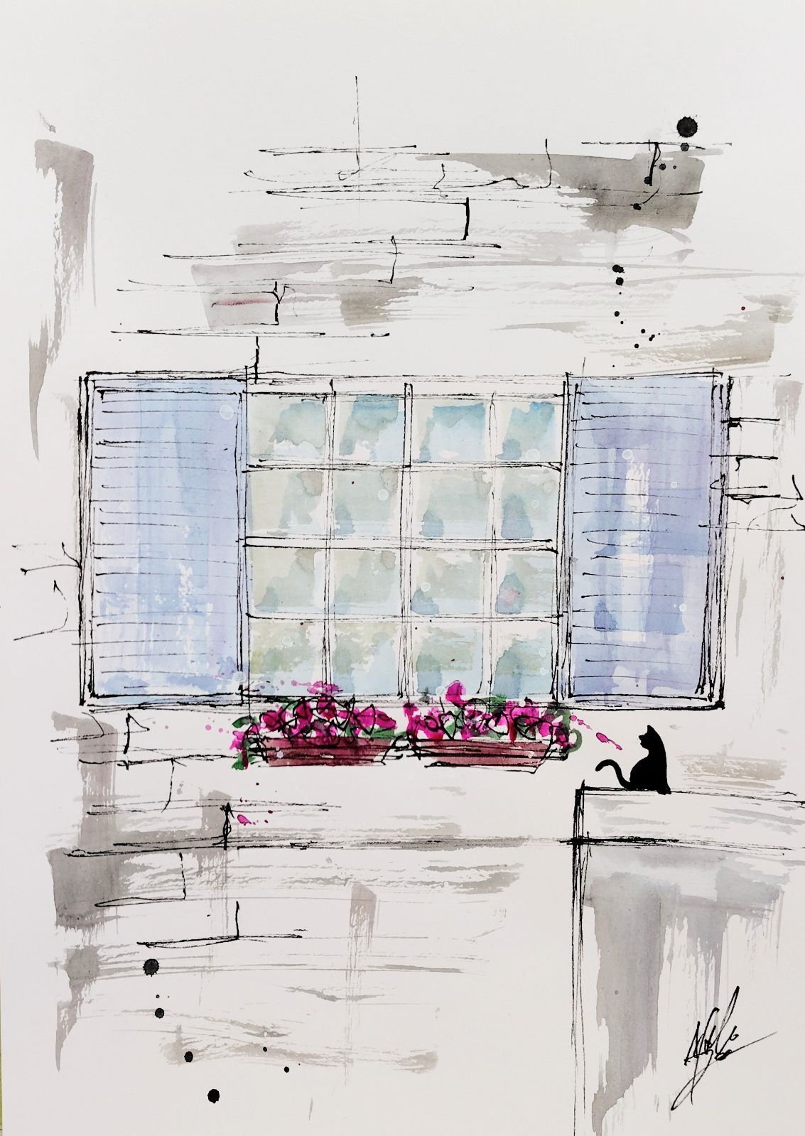 原画#35 黒猫 フランス 窓 花 水彩画 ドローイング インテリア