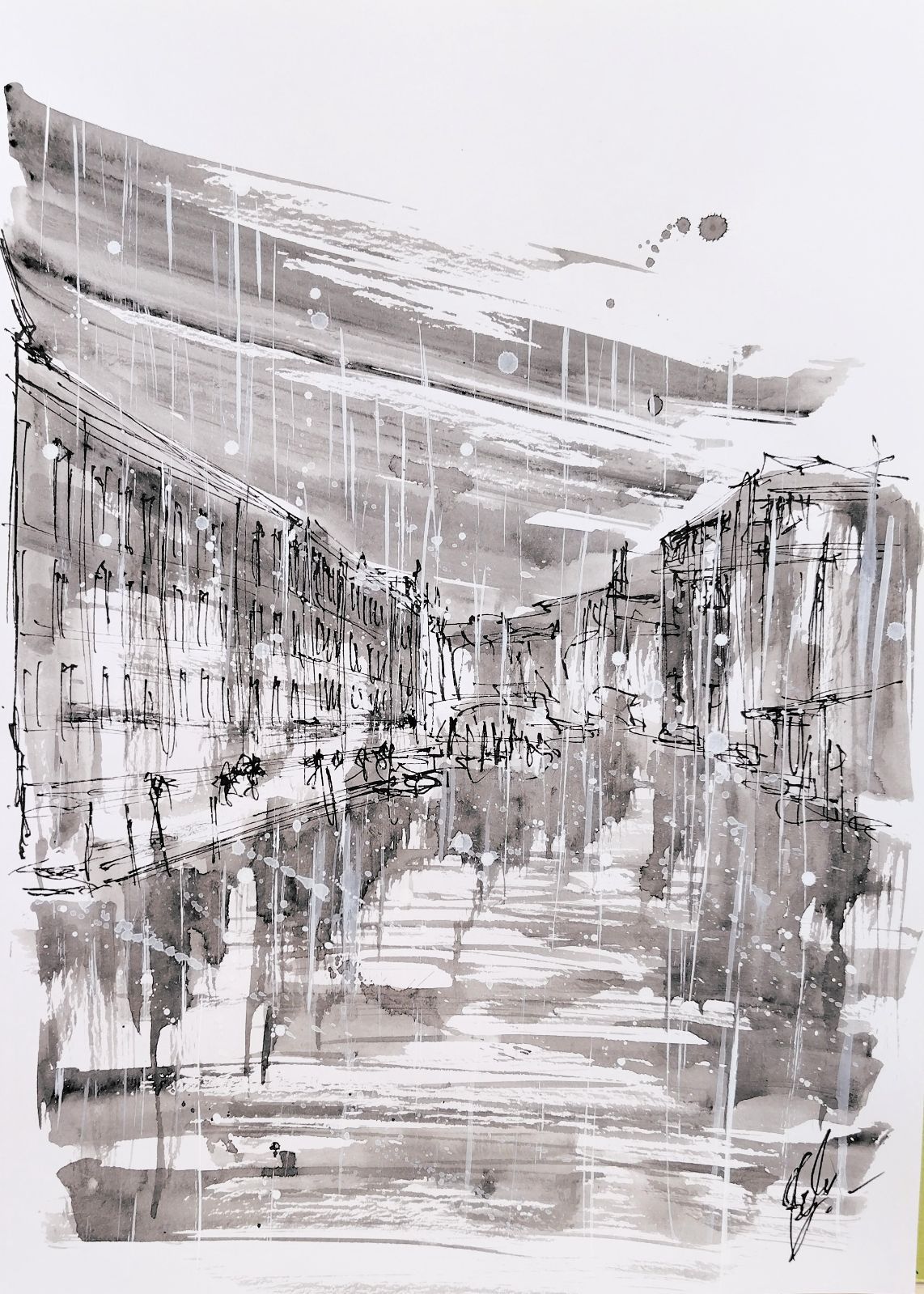 原画#36 ベネチア 雨 白黒 イタリア 風景画 水彩画 ドローイング