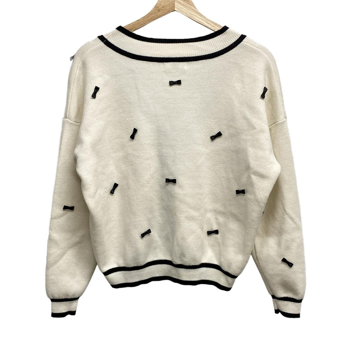 OBLI オブリ カーディガン レディース - アイボリー×黒 長袖 リボン