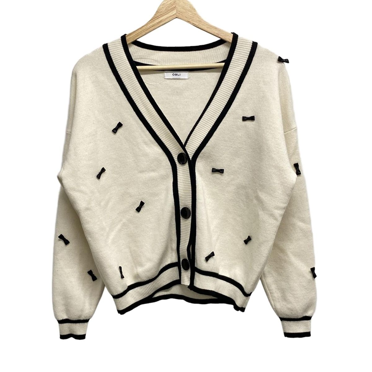 OBLI オブリ カーディガン レディース アイボリー 黒 長袖 リボン