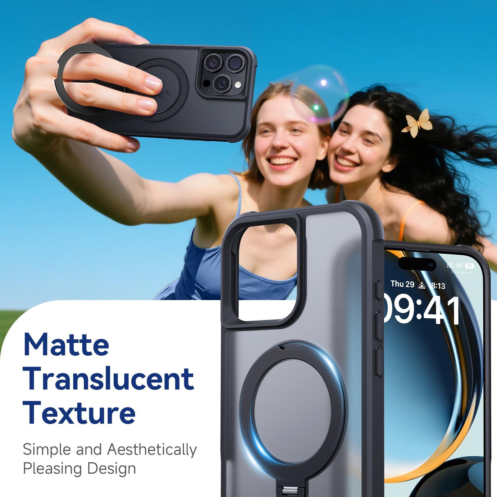 定点360°回転 10年の匠心開発 Peerock iPhone 16 Pro 用 ケース 一体 360°新定点回転スタンド 米軍MIL規格 耐衝撃 MagSafe対応 高耐久性 最大25 W急速充電対応 指紋防止 マット仕上げ 黄変防止 半透明