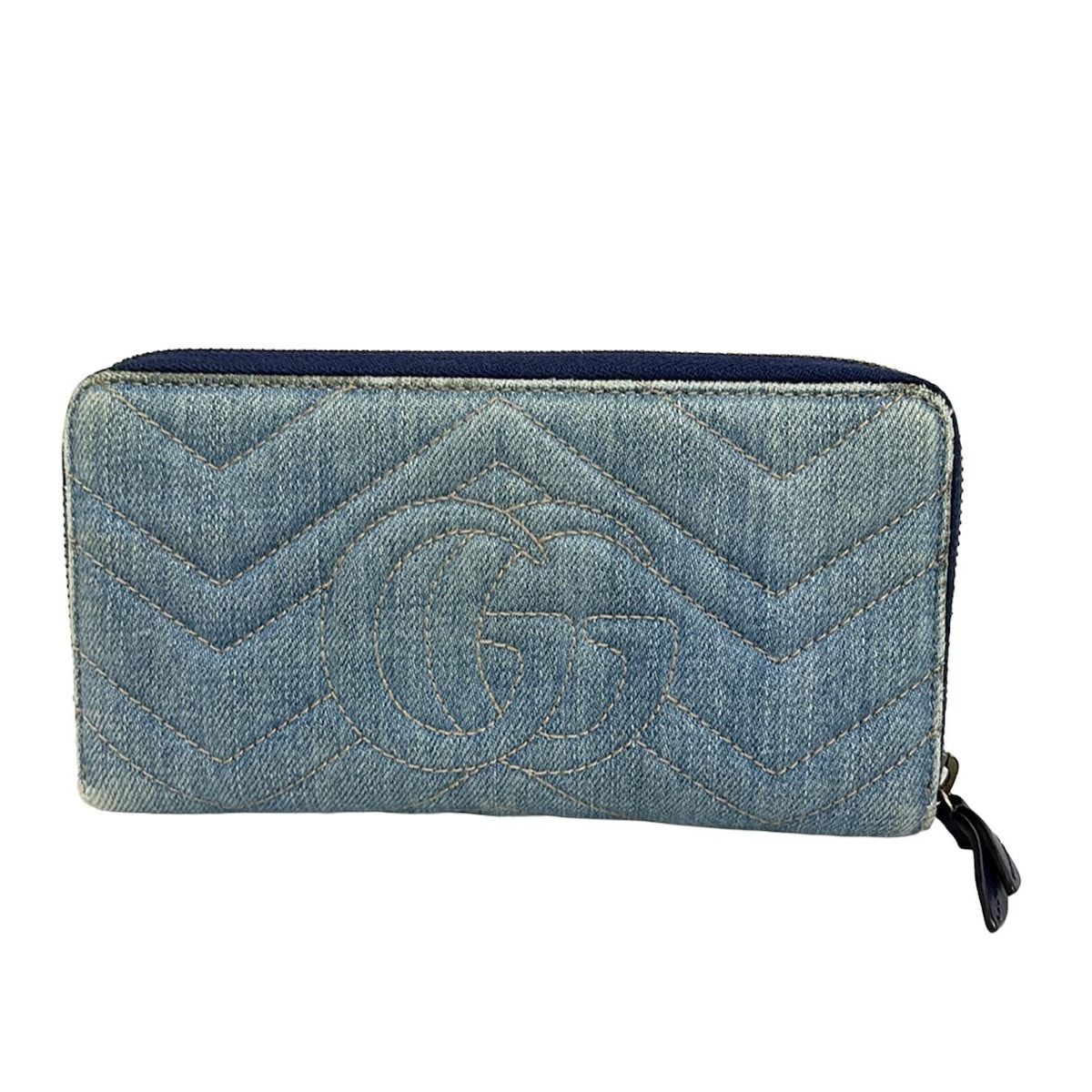 GUCCI グッチ 長財布 GGマーモント 443123 ライトブルー パール ラウンドファスナー 日本