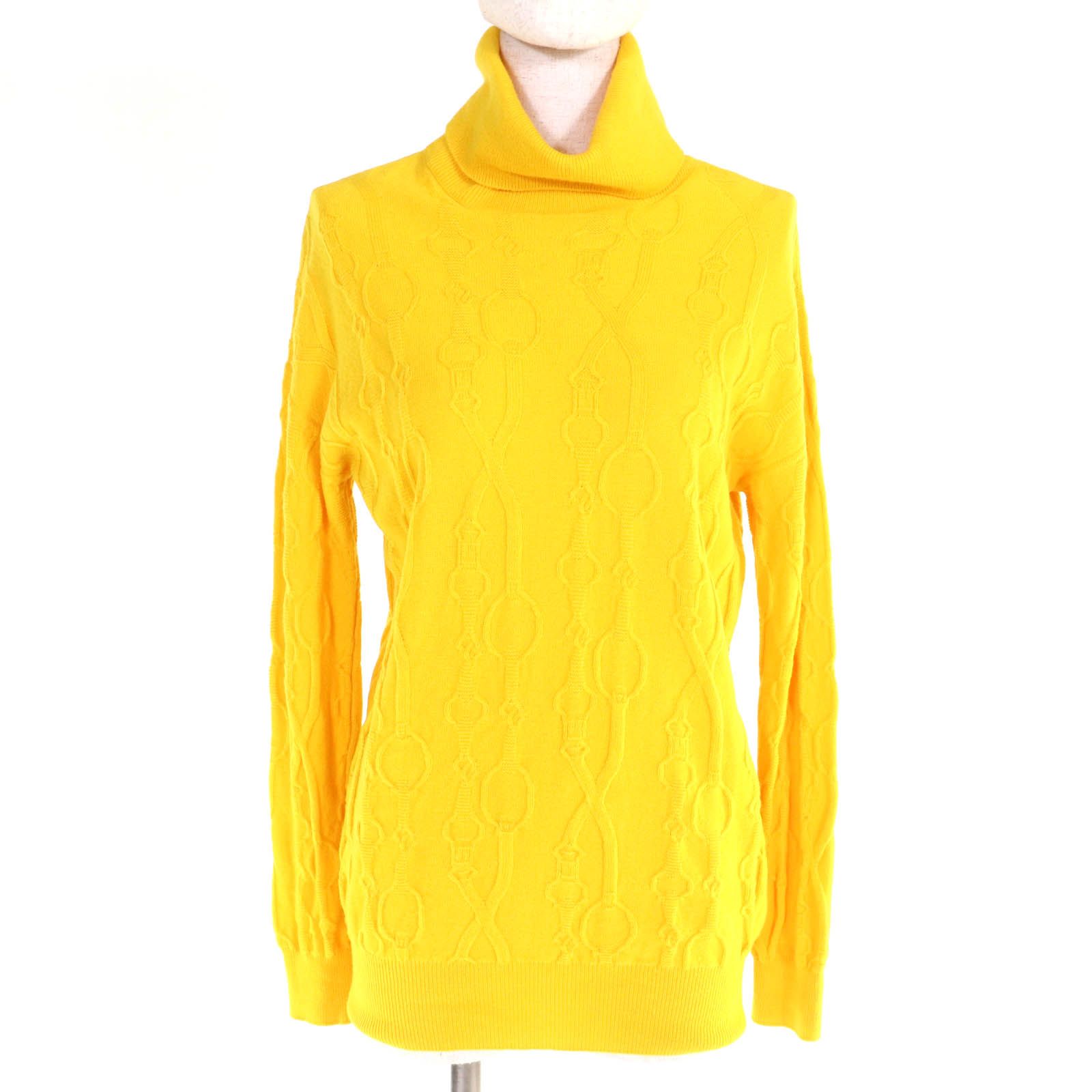 極美品△HERMES エルメス カシミヤ100％ チェーン柄編み タートルネック 長袖 ニット セーター オーバーサイズ イエロー 34 正規品 伊製 極美品△HERMES エルメス カシミヤ100％ チェーン柄編み