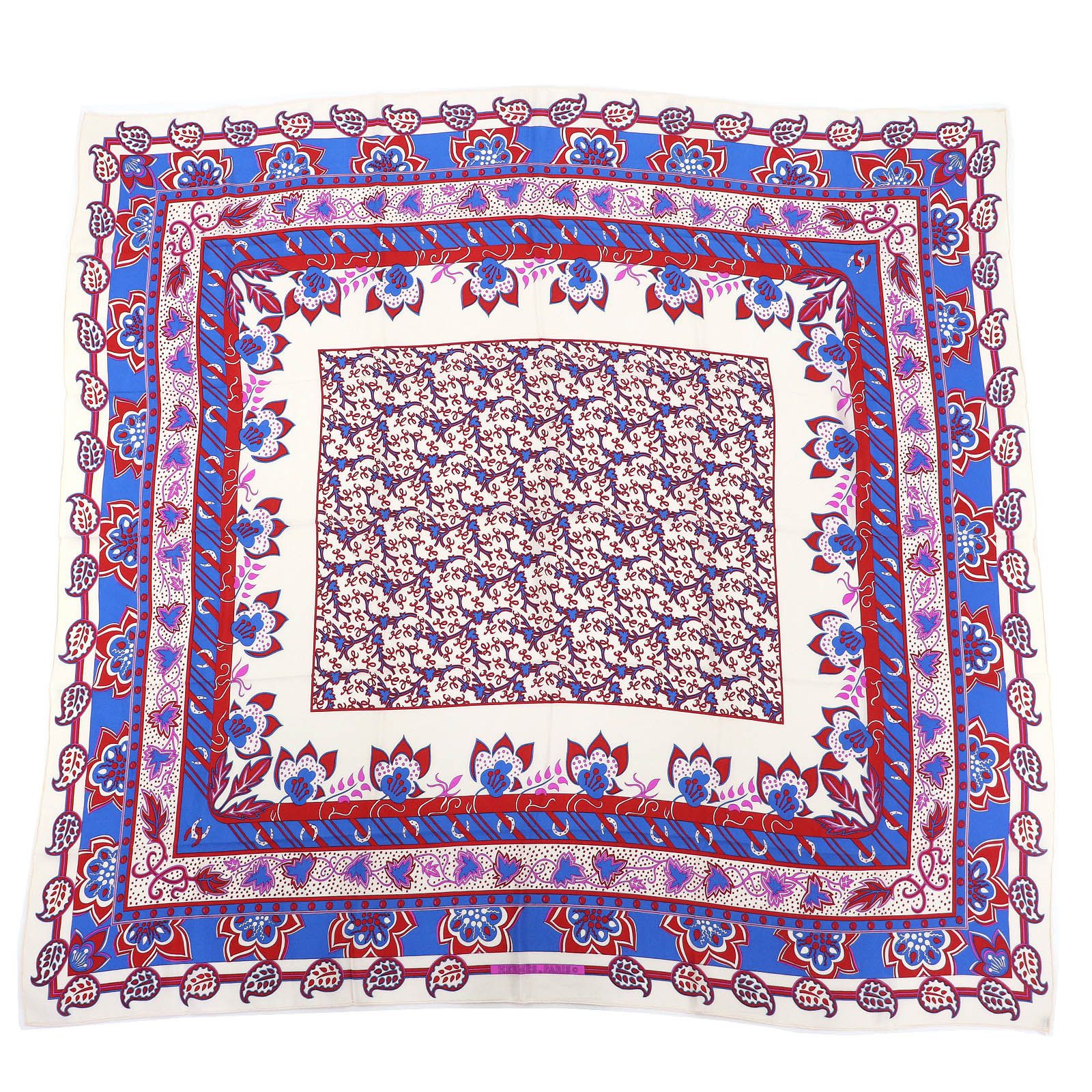 美品△HERMES エルメス シルク100％ ペイズリーモチーフ 総柄 ストール ショール スカーフ アイボリー レッド ブルー 箱付き フランス製 美品△HERMES エルメス シルク100％ ペイズリーモチーフ 総柄 ストール