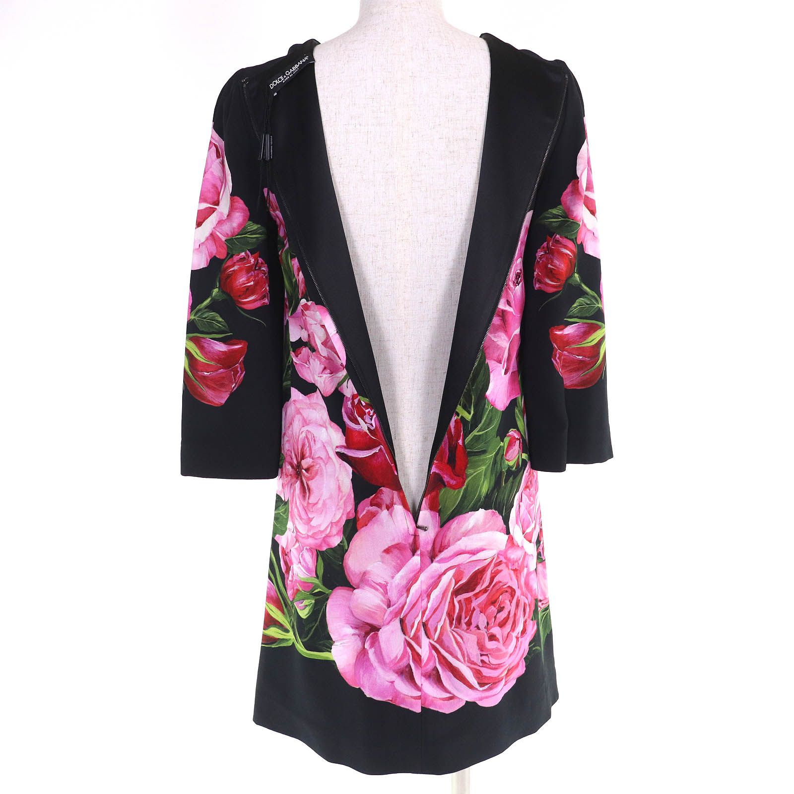 【美品】DOLCE&GABBANA ドルガバ 花柄 薔薇 ワンピース 白黒 36 極美品△DOLCE&GABBANA ドルチェ＆ガッバーナ 黒タグ ローズプリント