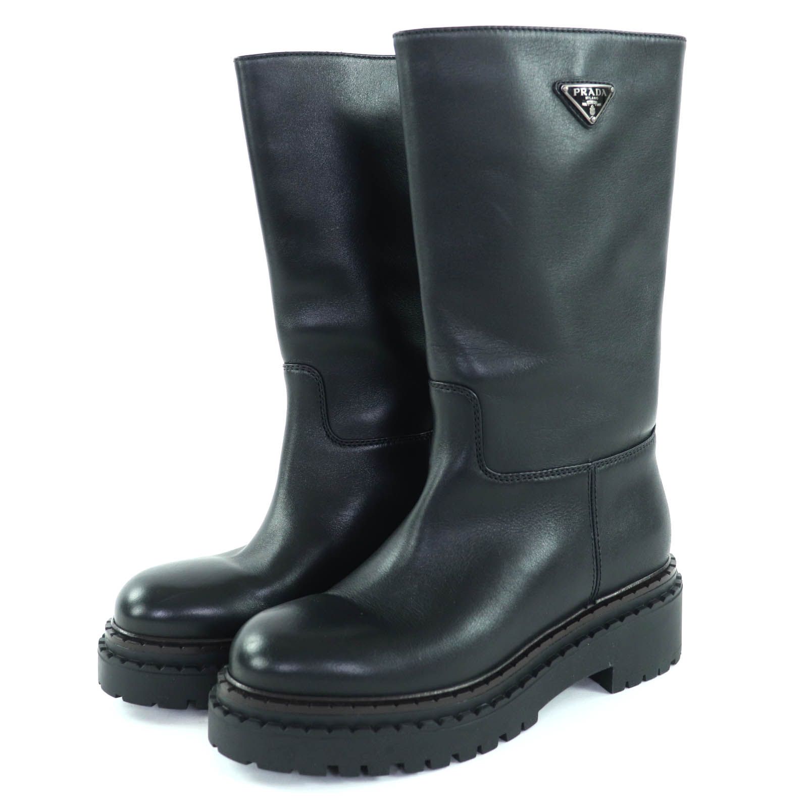 美品◇PRADA プラダ 1U635N トライアングルロゴプレート付き ミドル丈 レザー ロングブーツ ブラック 36 イタリア製 レディース 美品◇PRADA プラダ 1U635N トライアングルロゴプレート付き ミドル丈