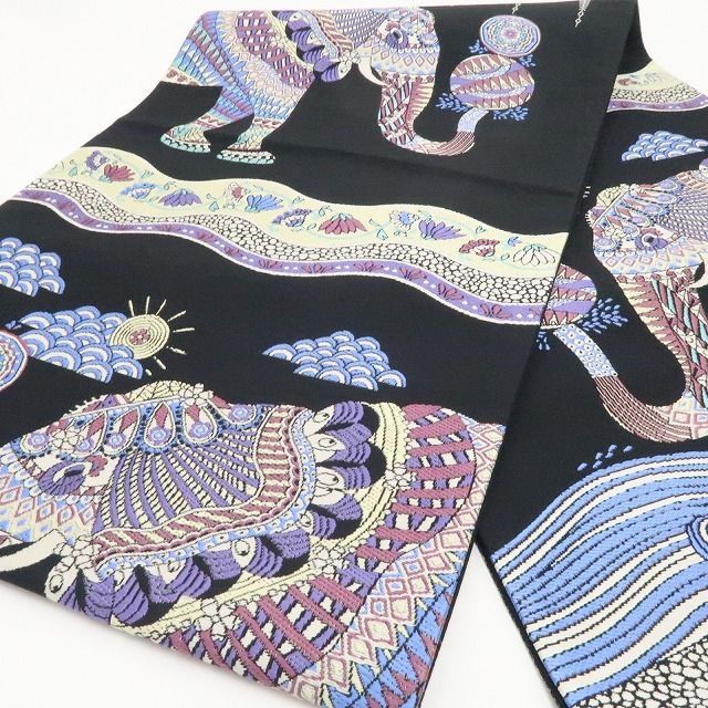  ❁tomihisa❁ 古代エジプト象 エスニック 着物 正絹 目にした瞬間から忘れられない 海を歩く象 袋帯 7369 袋帯 帯