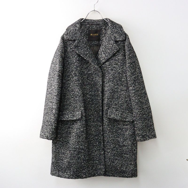 イタリア製 ムーレー MOORER ウールモヘヤヘリンボーンツイード ダウンコート 44 ブラック