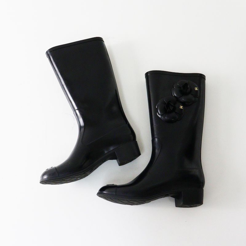 シャネル CHANEL カメリア ココマーク レインブーツ 36＼ブラック