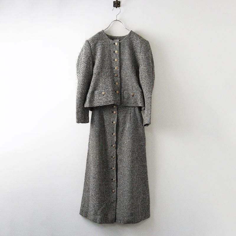 Vintage カネコイサオ KANEKO ISAO ギンガムチェックツイード セットアップスーツ ジャケット スカート ┃白黒