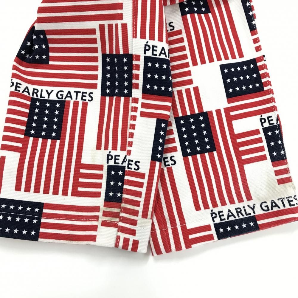【美品】PEARLY GATES 星条旗 総柄 ストレッチロングパンツ ロゴ刺繍 パーリーゲイツ パンツ 白×レッド×ネイビー 星条旗柄 ストレッチ