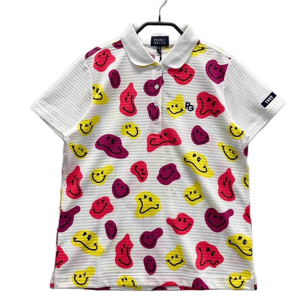 サイズ 2 PEARLY GATES パーリーゲイツ 055 2260614 半袖ポロシャツ ニコちゃん スマイル 総柄 ホワイト系 ゴルフウェア レディース ストスト