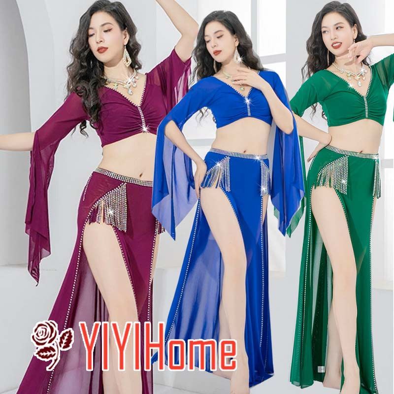 ベリーダンス ダンス衣装 セット コスプレ 仮装 パーティー 余興用 レッスン着 トップス スカート インナーパンツ付き ２点セット 社交ダンス 発表会 ラテンダンス 演出 団体 キラキラ きらきら ネイビー レッド グリーン