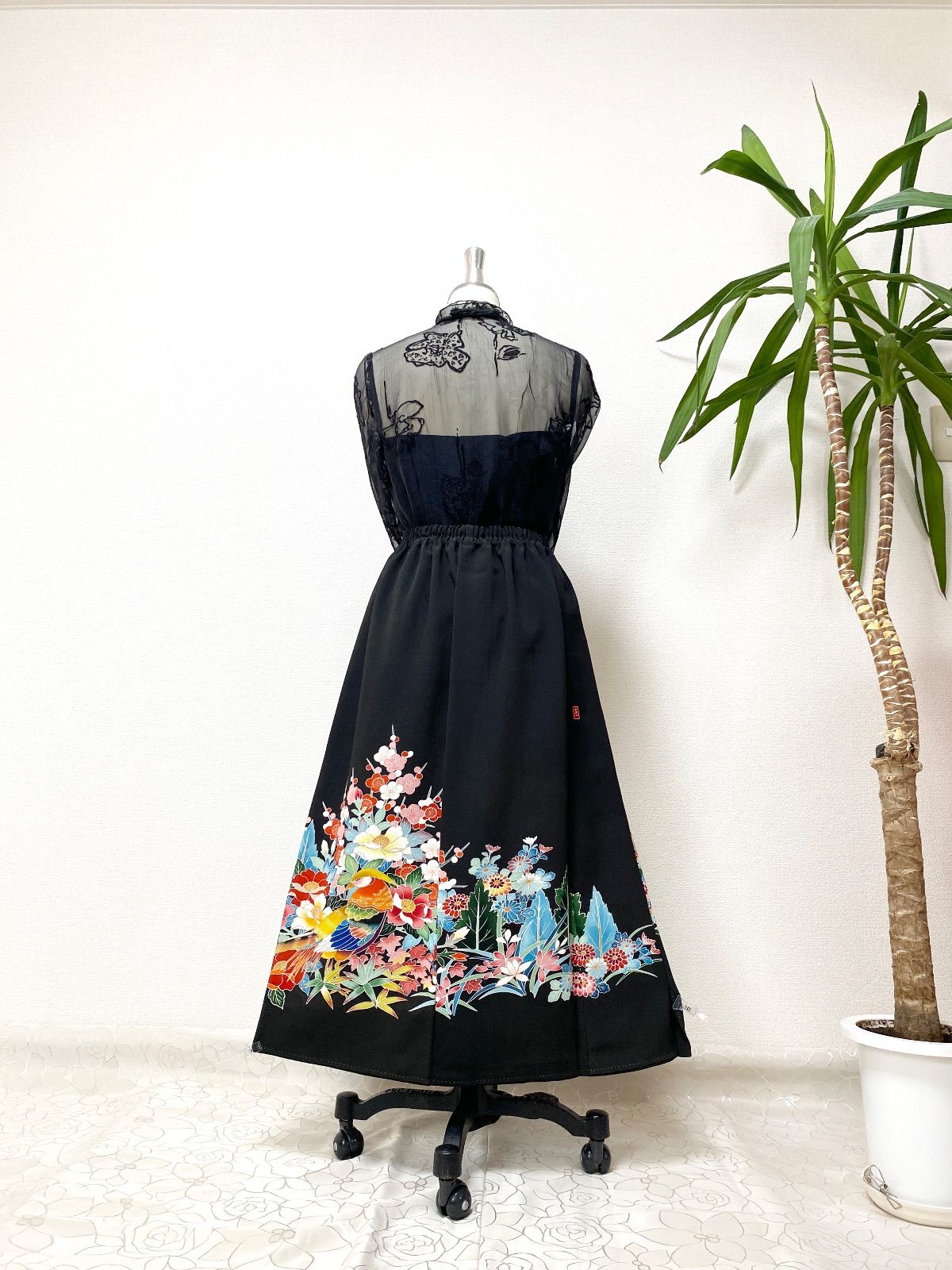 セレブ着物スカートフリーサイズ1点物黒留袖着物リメイクウエストゴムロングスカートフリーサイズ