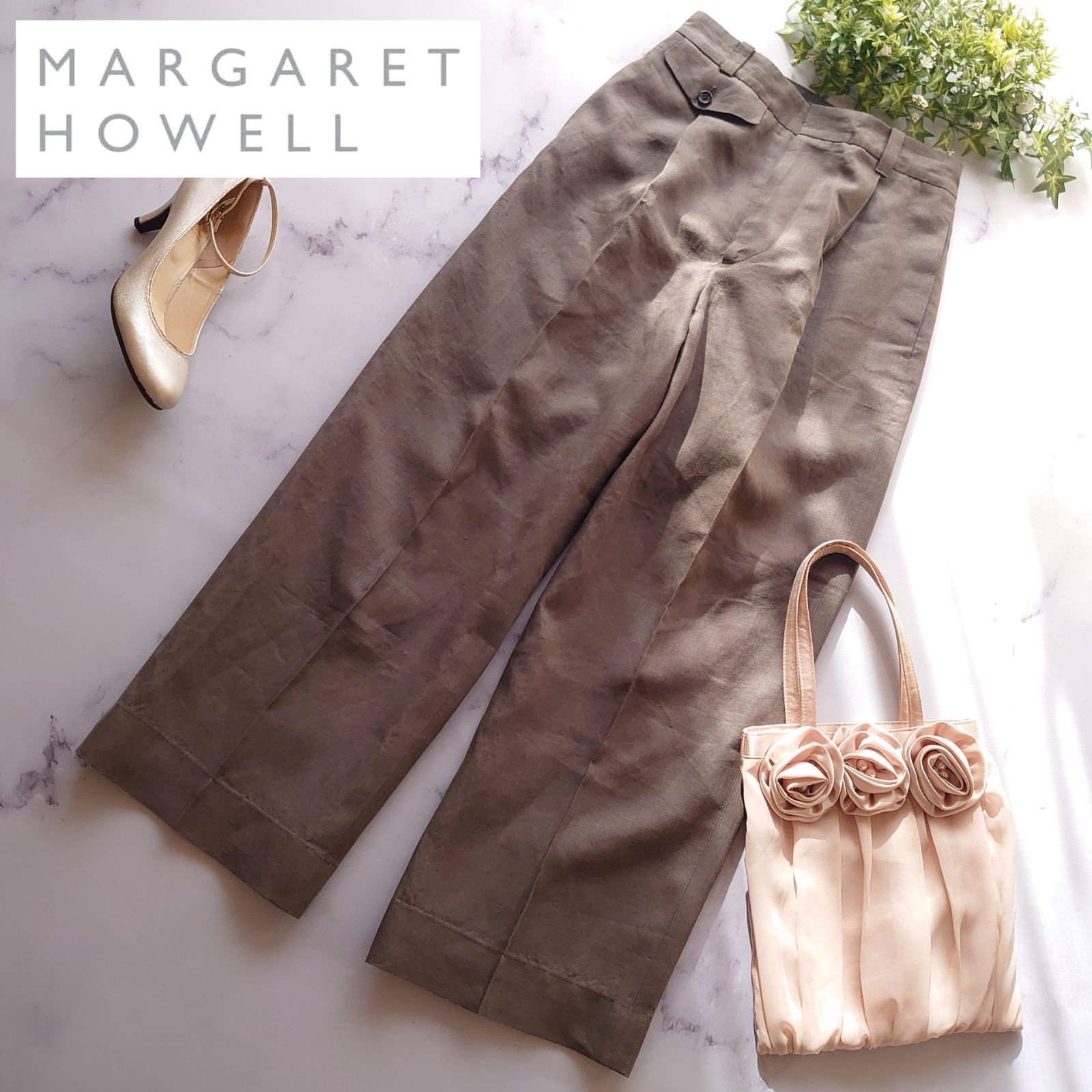 22 SS マーガレットハウエル リネン ワイドパンツ カーキ S相当