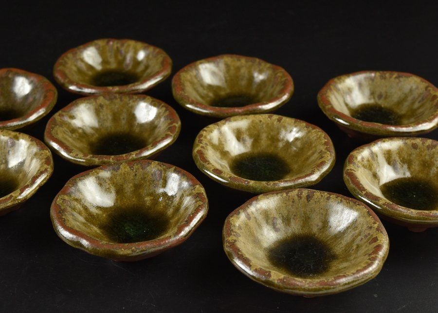 蔵C 9190 c 信楽 緑釉 足付小皿 小鉢 十客
