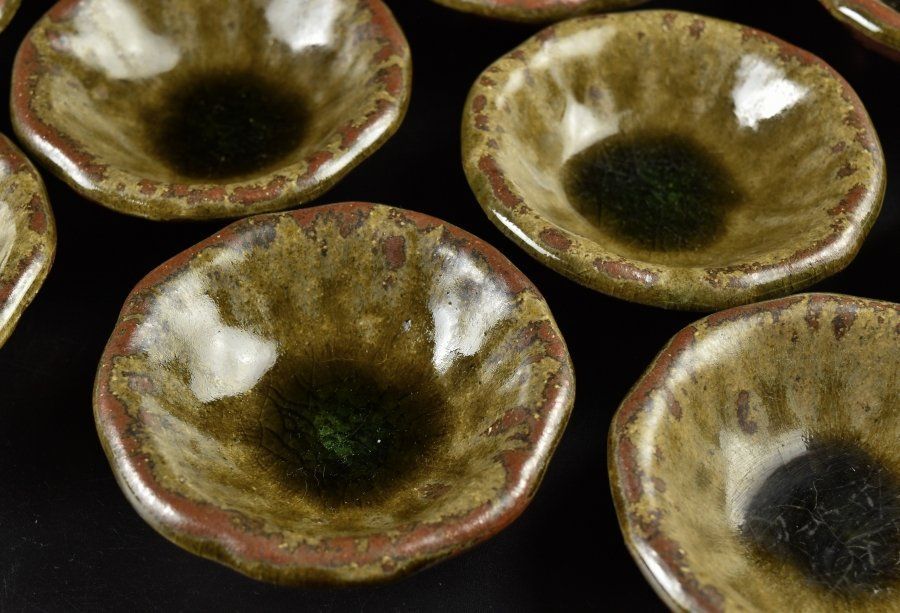 蔵C 9190 c 信楽 緑釉 足付小皿 小鉢 十客