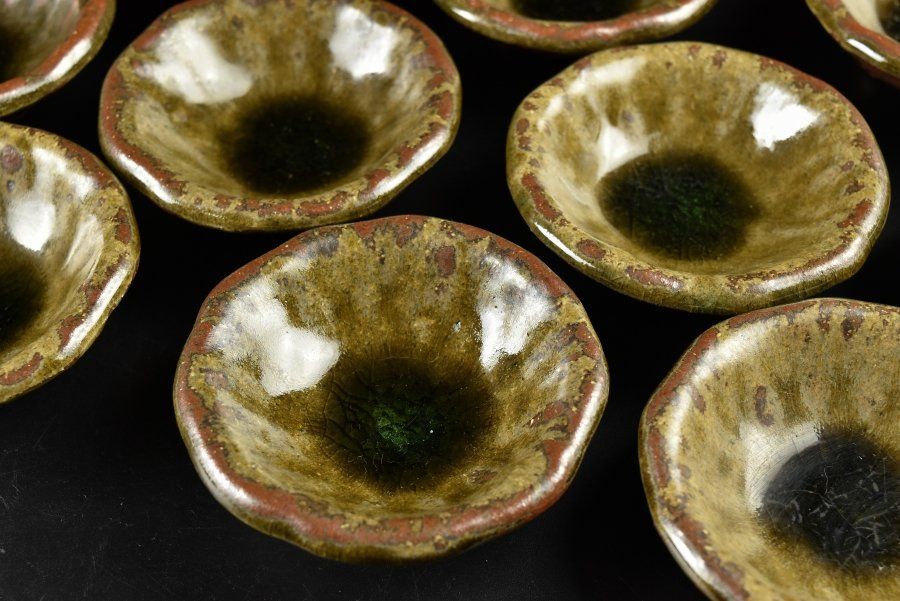 蔵C 9190 a 信楽 緑釉 足付小皿 小鉢 十客
