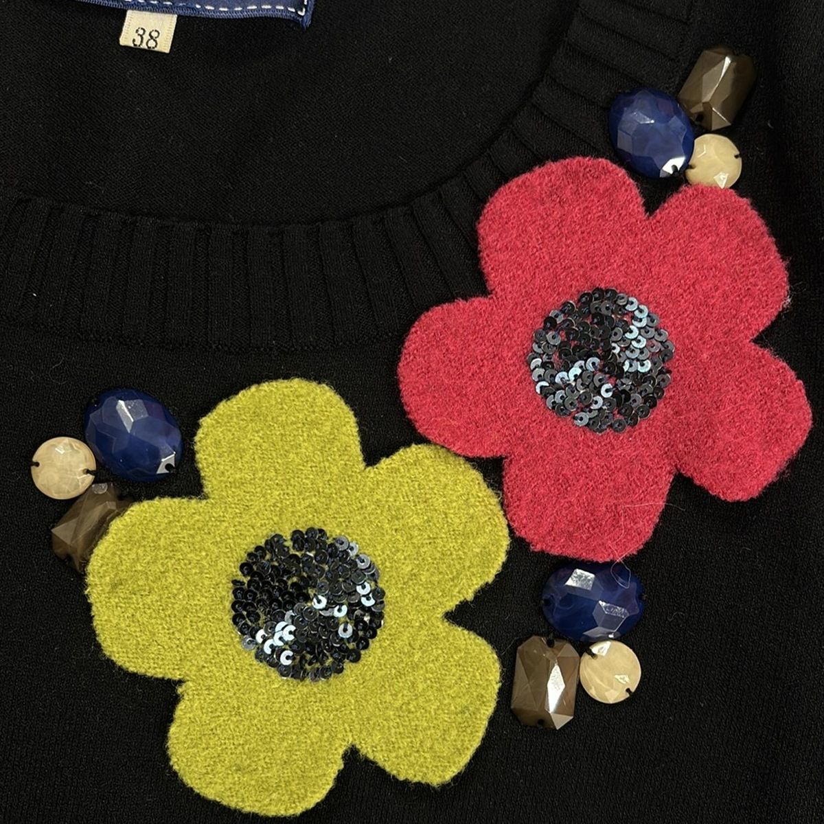  M S GRACY エムズグレイシー 長袖セーター サイズ38 レディース - 黒×マルチ クルーネック スパンコール ビーズ フラワー 花 長袖 ニット セーター