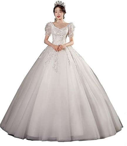 豊作 ウエディングドレス パフスリーブ スイートハートネック キラキラ ブライダル Ａライン 二次会 発表会 ステージ エレガント 花嫁 LL