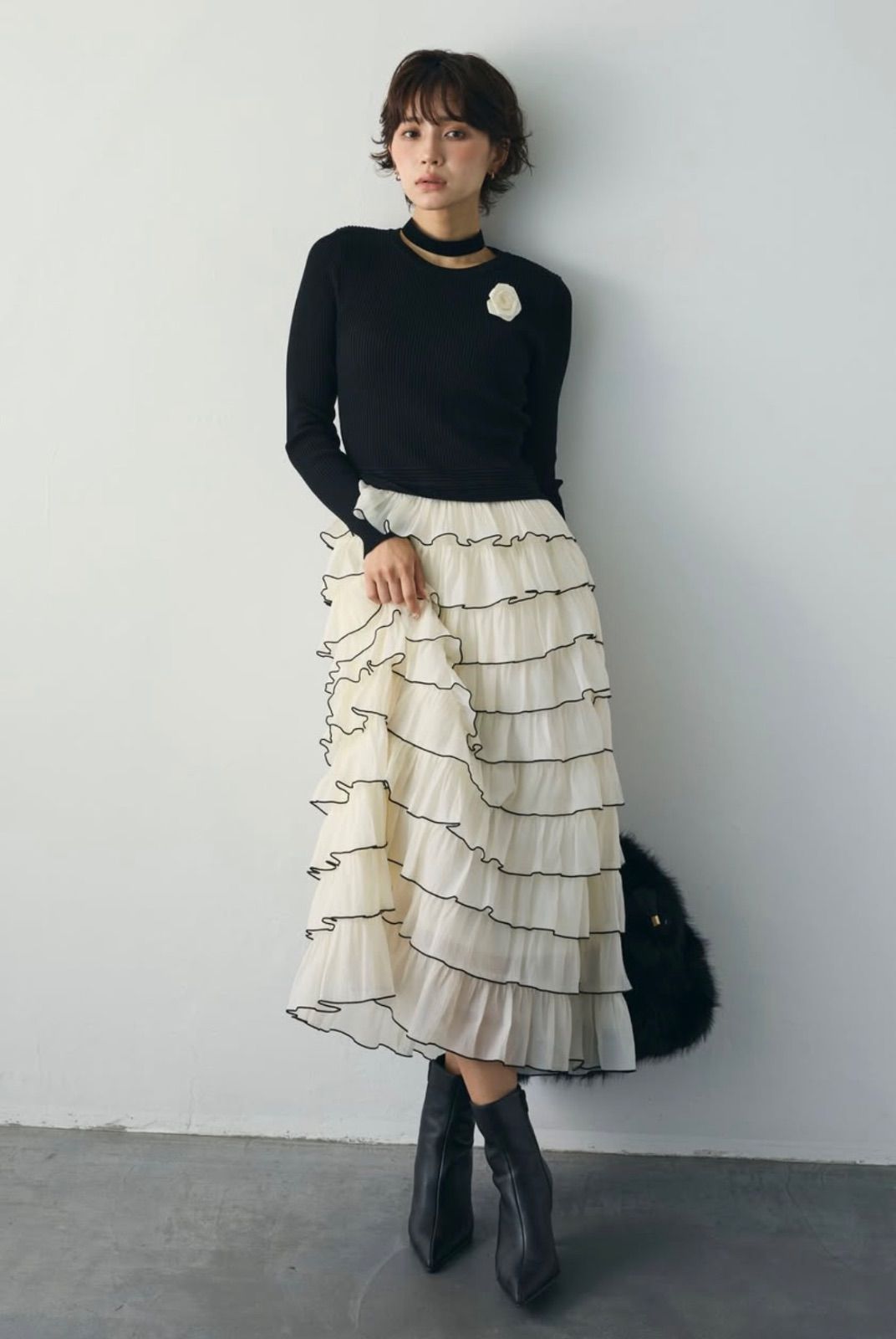 メローフリルティアードドッキングニットワンピース ブラック◾️Frene フラーネ