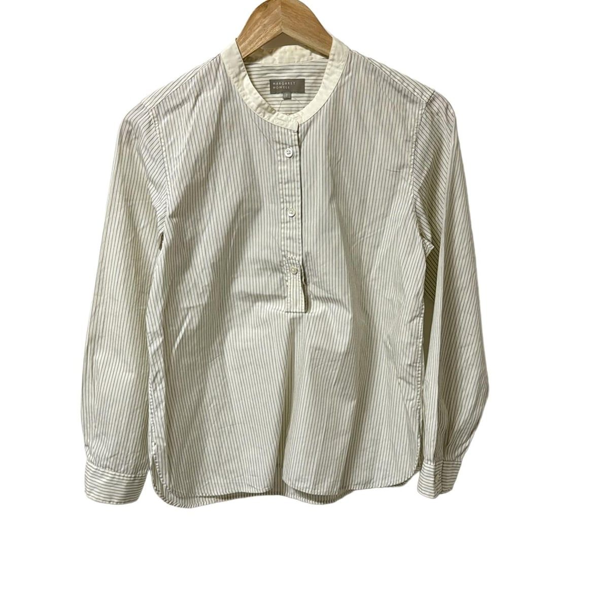 マーガレットハウエル 長袖シャツブラウス サイズ2 M レディース アイボリー ダークネイビー ストライプ プルオーバー