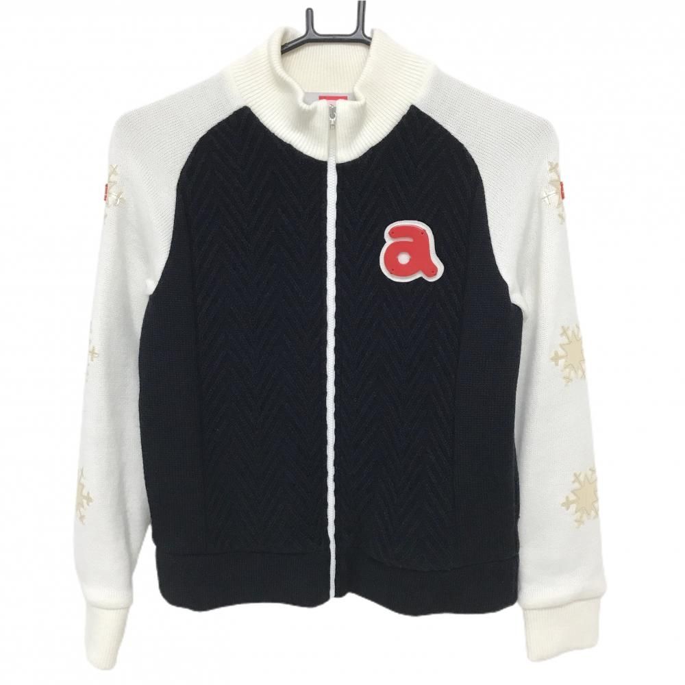 アルチビオ ニットジャケット ダークネイビー×白 ウール混 裏地付 レディース 36 S ゴルフウェア archivio