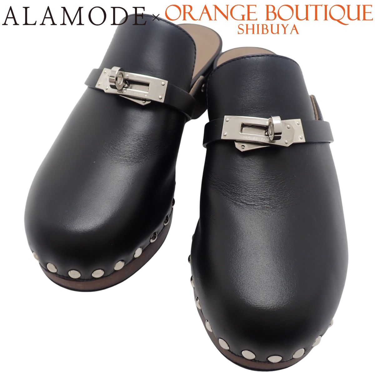 HERMES エルメス カルロッタ ブラック黒 レザー パラジウム金具 シルバー金具 サンダル ミュール 靴 くつ シューズ ケリー金具 レディース アラモード