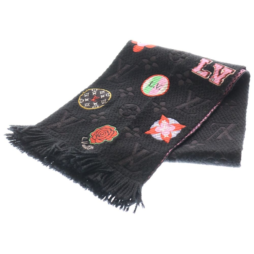 LOUIS VUITTON ルイヴィトン エシャルプ ロゴマニア LV ストーリーズ フリンジマフラー ストール ブラック M 71060