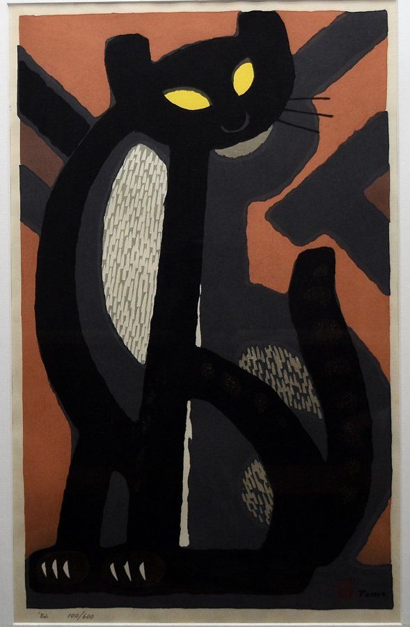 稲垣知雄　木版画　ペンダントの猫 稲垣知雄 木版画 ペンダントの猫