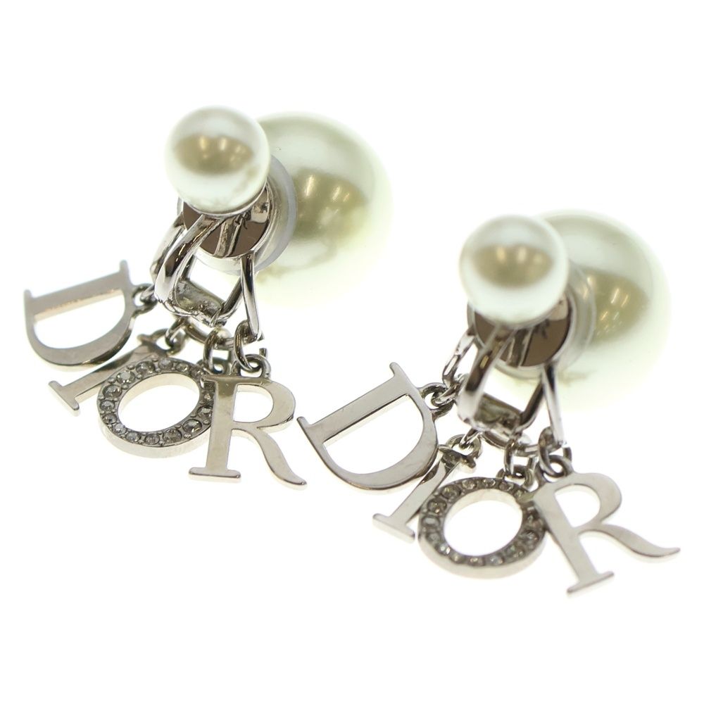 Christian Dior クリスチャンディオール パールイヤリング トライバル ロゴラインストーン ホワイト シルバー