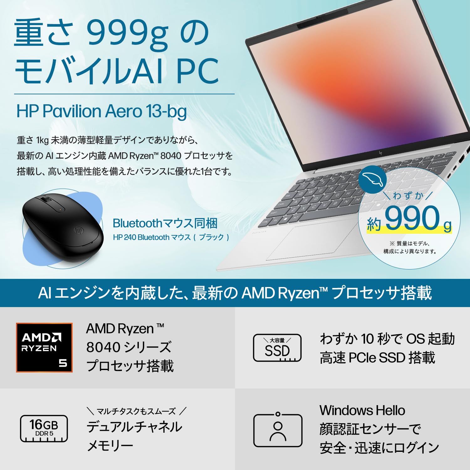 HP ノートパソコン Pavilion Aero 13-bg 13.3インチ 軽量990 g AMD Ryzen 5 8640 U 16 GBメモリ 512 GB SSD Windows 11 Home ナチュラルシルバー Co Office無し