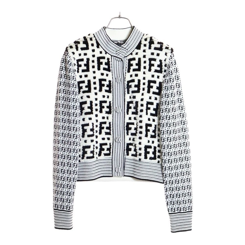 FENDI フェンディ フロントミンクファー ズッカ総柄 ニットジャケット ホワイト ブラック レディース 13 CPC 21 56 5