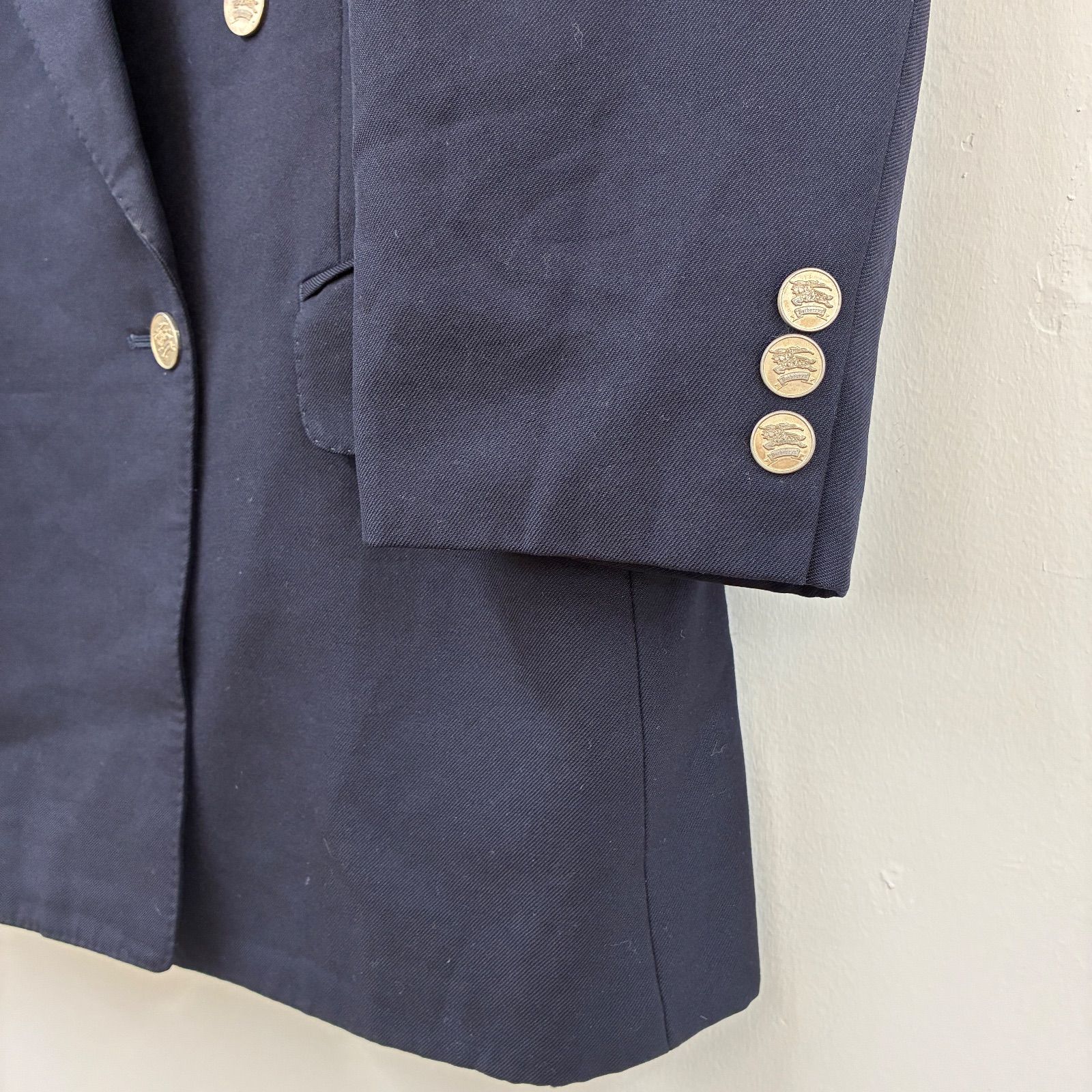 美品 バーバリー スーツ ダブル 金ボタン タスマニアウール S ネイビー 90s バーバリー 紺ブレ 金ボタン テーラード ジャケット ダブルボタン