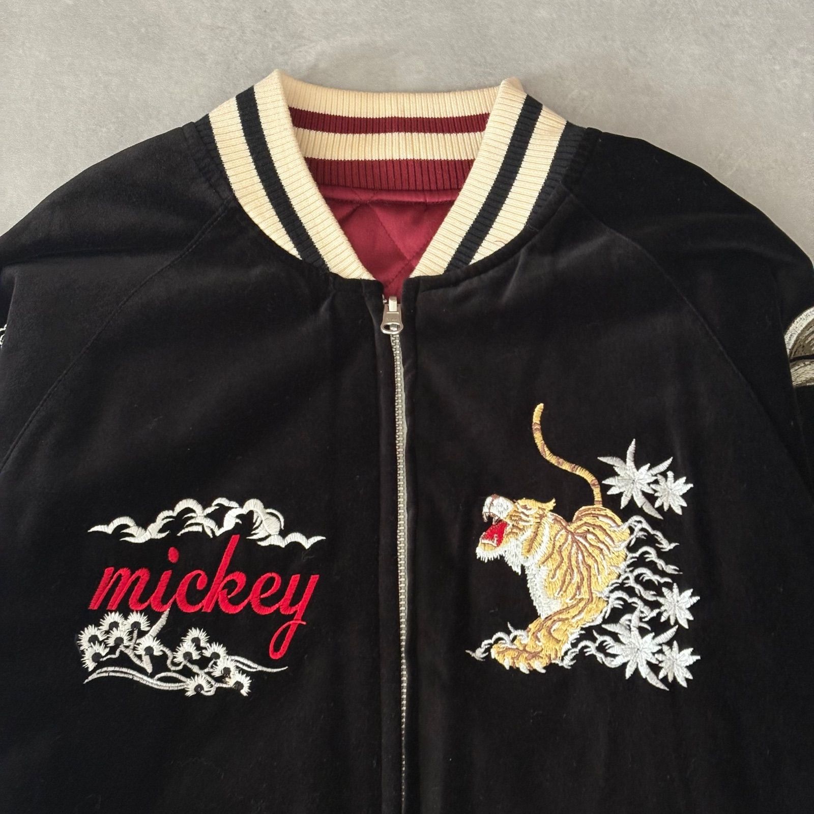 【別珍　リバーシブル】Disney スカジャン　ミッキー　ベロア　袖刺繍　M 別珍 リバーシブル】Disney スカジャン ミッキー ベロア 袖刺繍 M