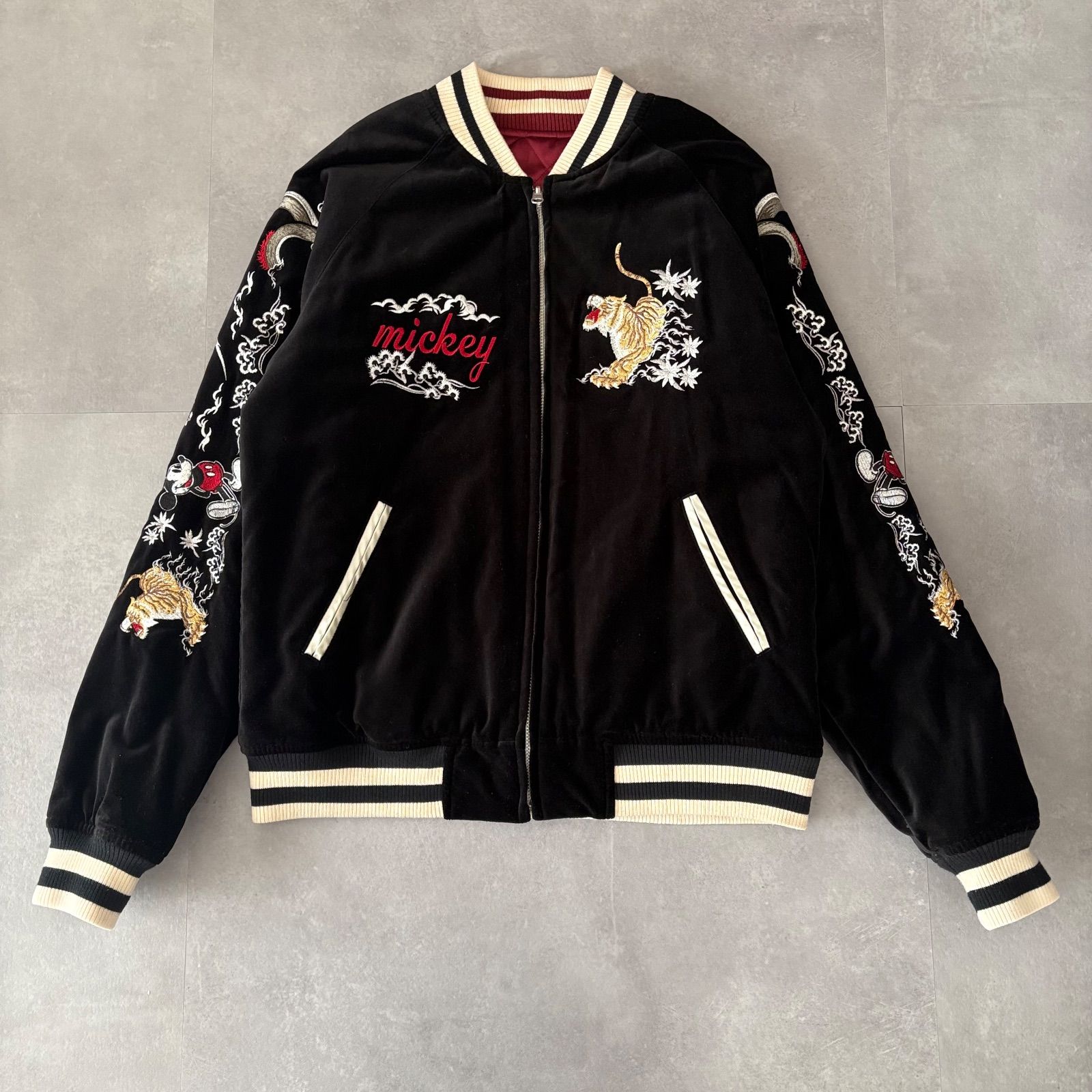 【激レア】ディズニー　スカジャン　ベロア別珍　　リバーシブル　ミッキー　黒　L Disney(ディズニー) / 別珍/ミッキー/虎・龍刺繍/リバーシブル