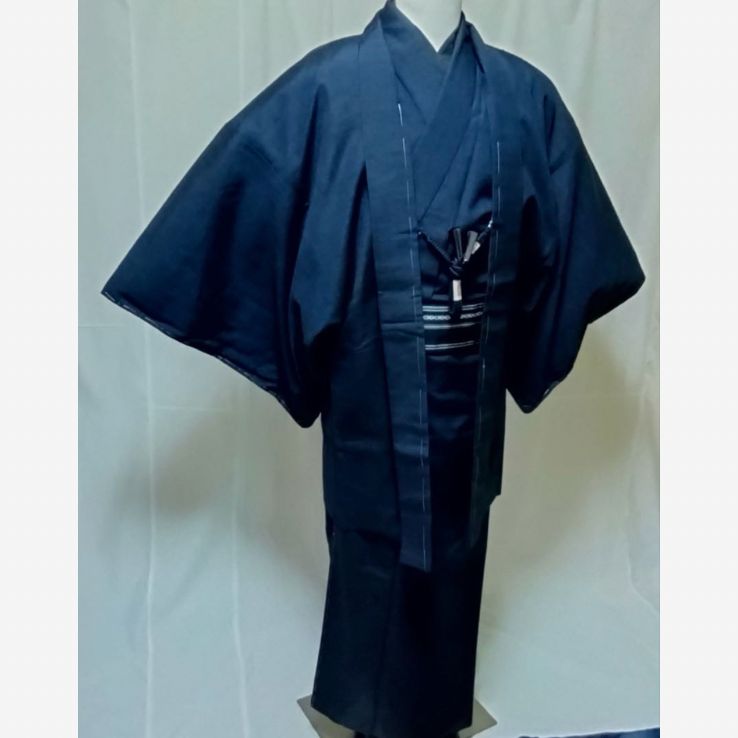 大きめサイズ 男性着物 正絹紬 アンサンブル しつけ糸付き青褐色 フルセット