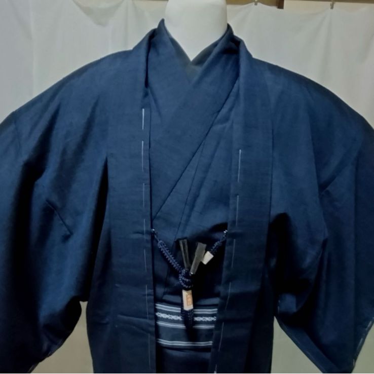 大きめサイズ 男性着物 正絹紬 アンサンブル しつけ糸付き青褐色 フル