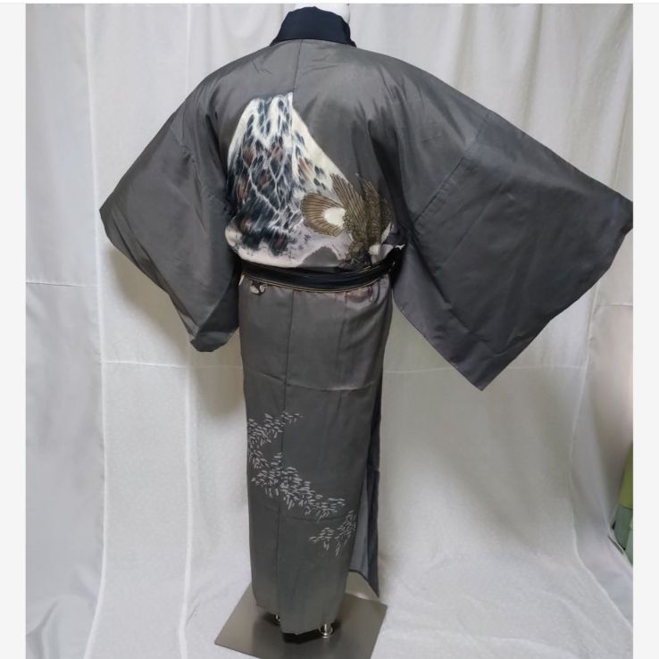  大きめサイズ 男性着物 正絹紬 アンサンブル しつけ糸付き青褐色 フルセット 着物セット 着物 浴衣