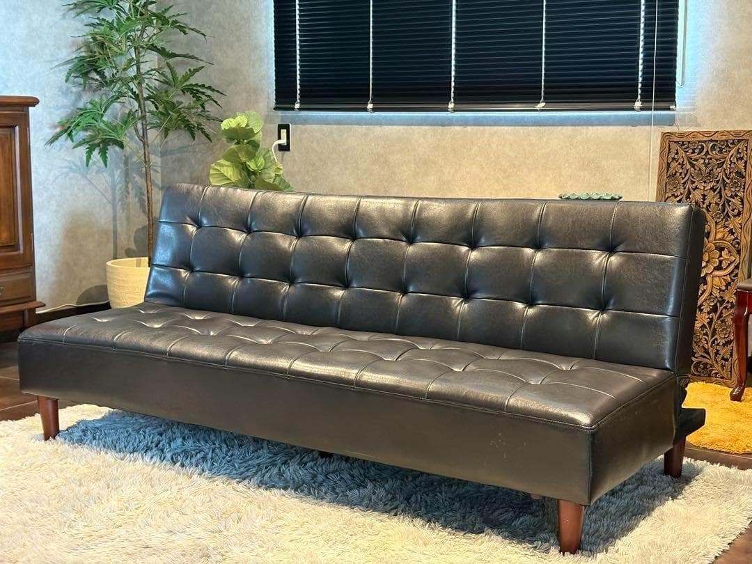希少 3Pソファ ソファベッド ブラックレザー ボタンダウン