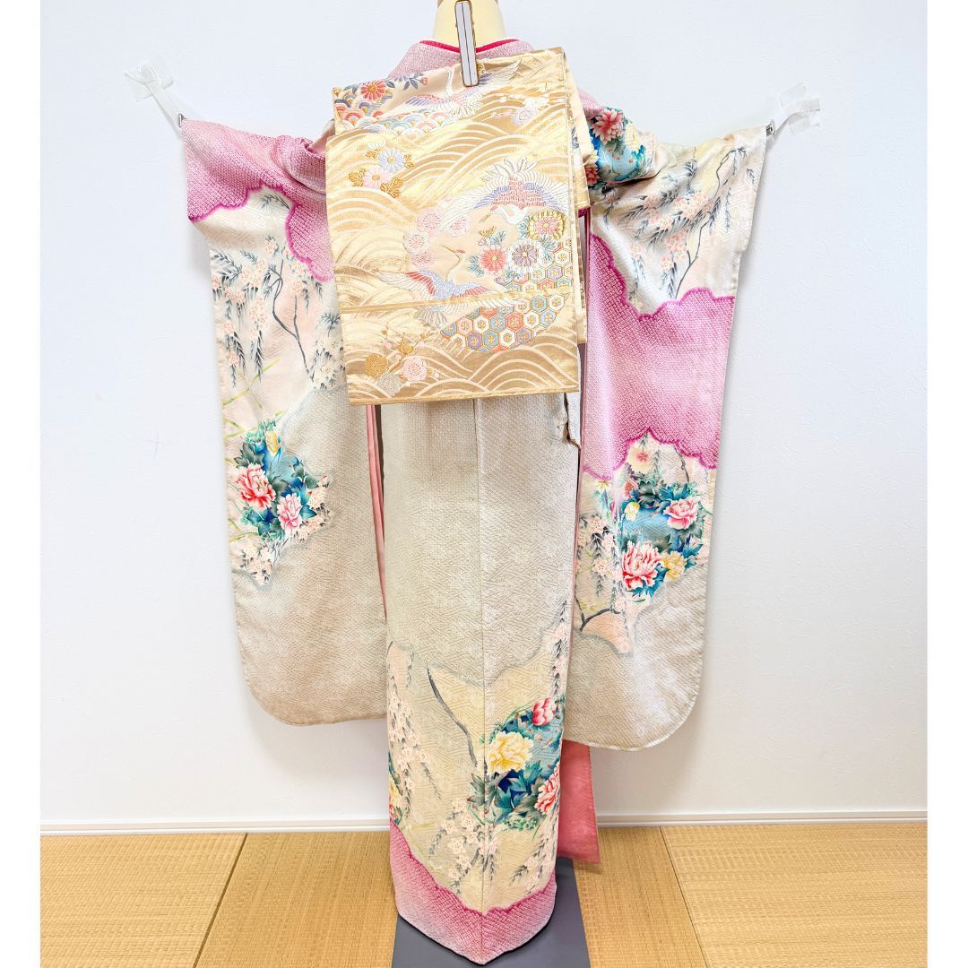 トールサイズ 振袖 6点フルセット 正絹 ピンク 絞り 古典柄 鶴・梅・菊
