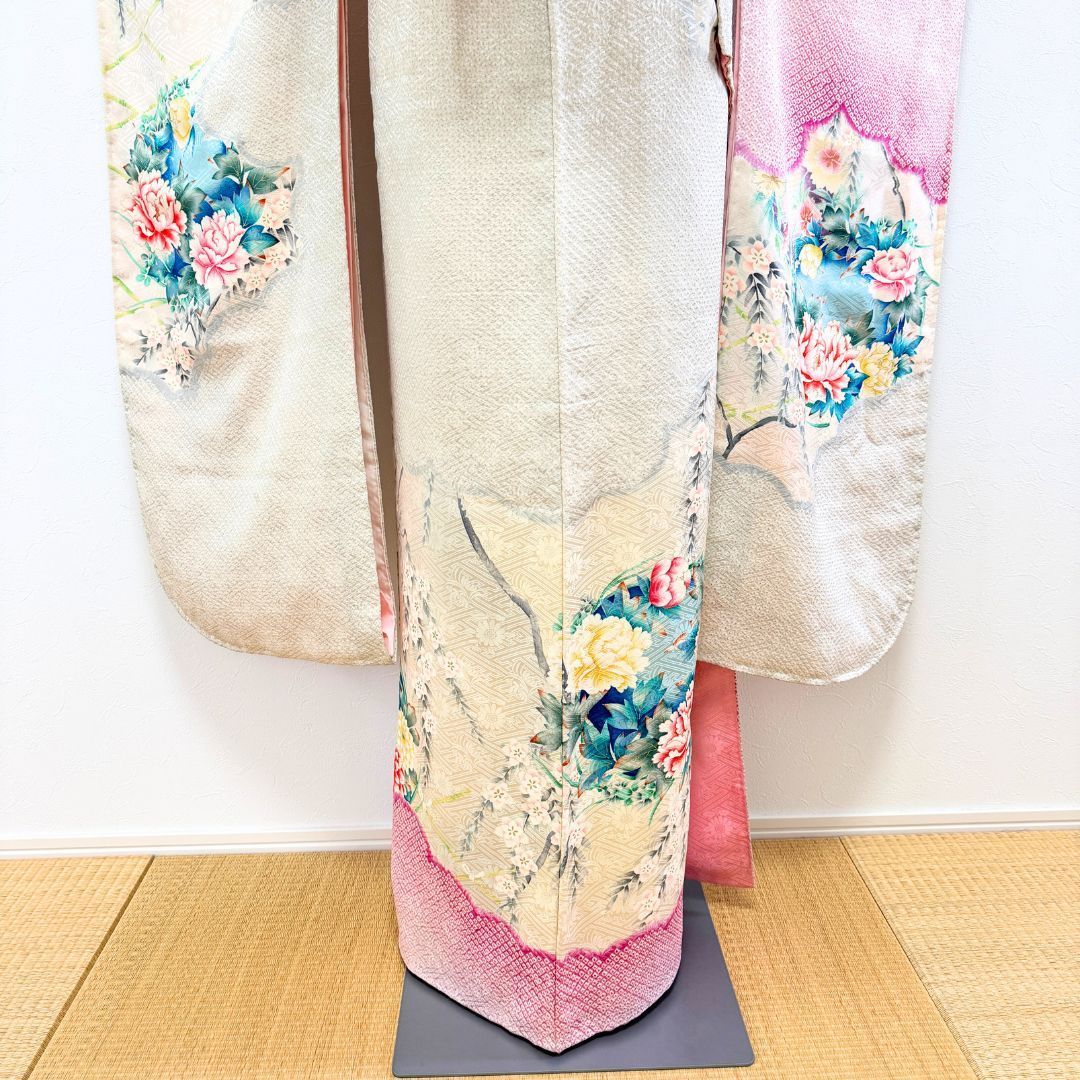 トールサイズ 振袖 6点フルセット 正絹 ピンク 絞り 古典柄 鶴・梅・菊