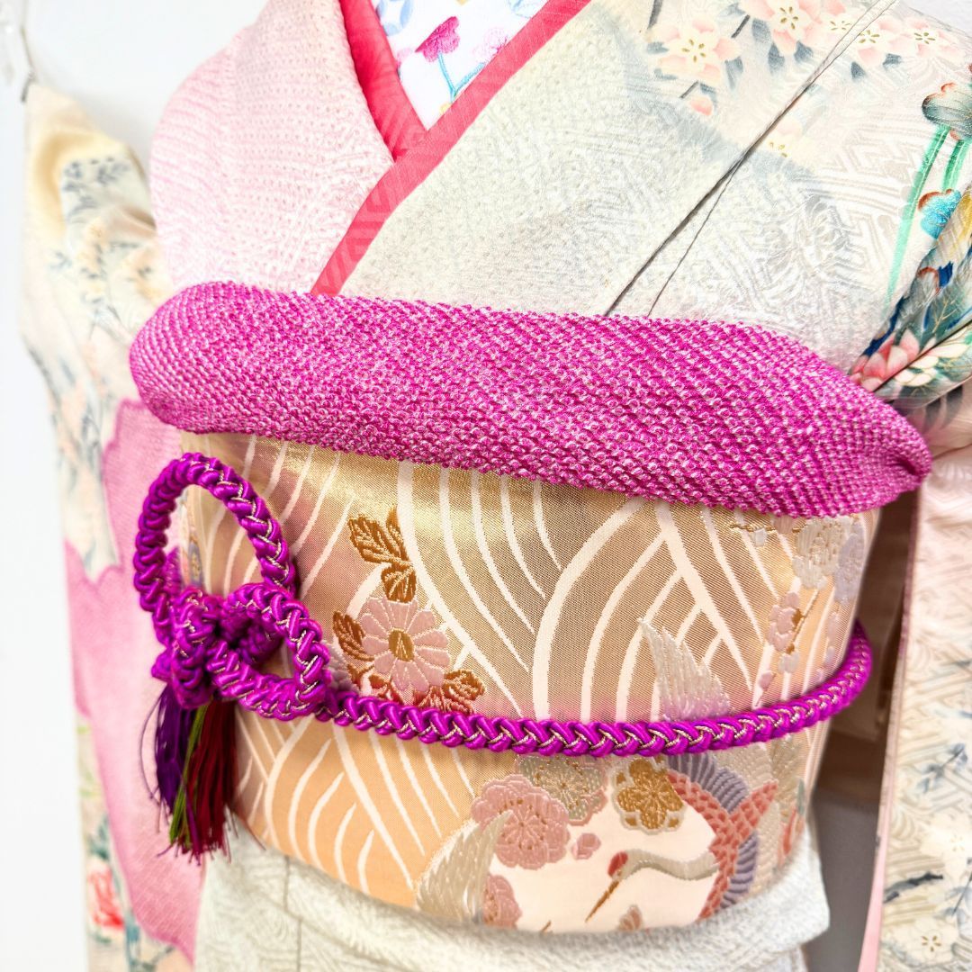 トールサイズ 振袖 6点フルセット 正絹 ピンク 絞り 古典柄 鶴・梅・菊