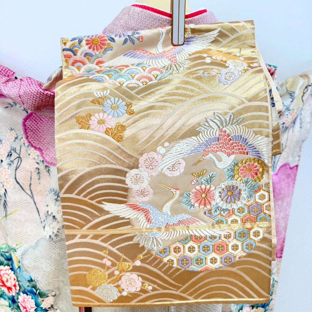 トールサイズ 振袖 6点フルセット 正絹 ピンク 絞り 古典柄 鶴・梅・菊